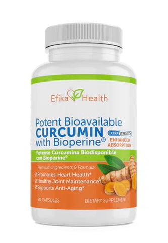 Curcumina Biodisponible con Bioperine de Efika Health. envase, cúrcuma y logo Enhanced Absorption.
