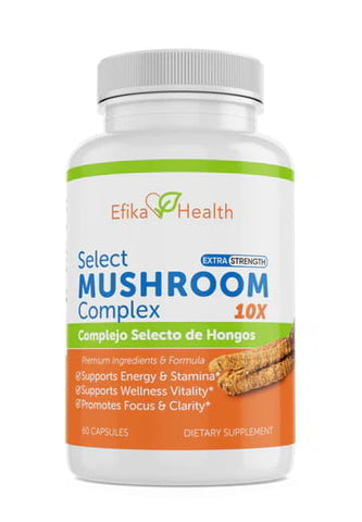 Imagen frontal del envase del Complejo de Hongos Selectos 10X de Efika Health, destacando beneficios